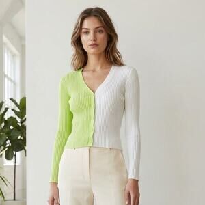 STAUD Cargo Sweater Ribbed cardigan lime white colorblock
